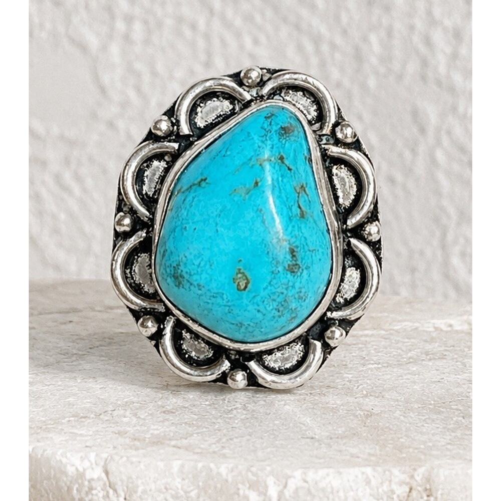 Turquoise Sterling Silver Ring 925 Native Style Southwestern Statement Sz 6 Pear